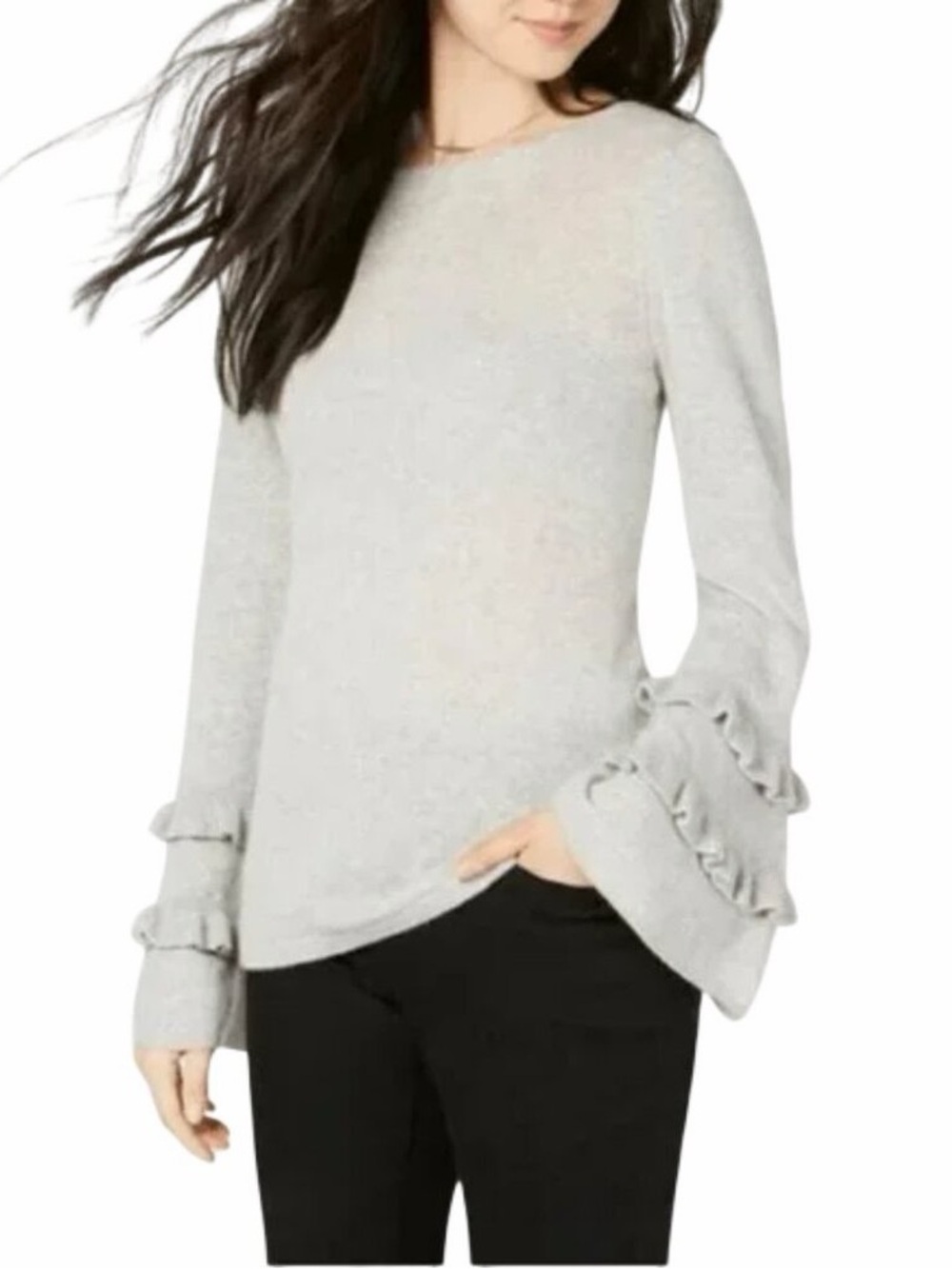 CHARTER CLUB Pure Cashmere Double-Ruffle Sweater Gray Large Minimalist Luxury